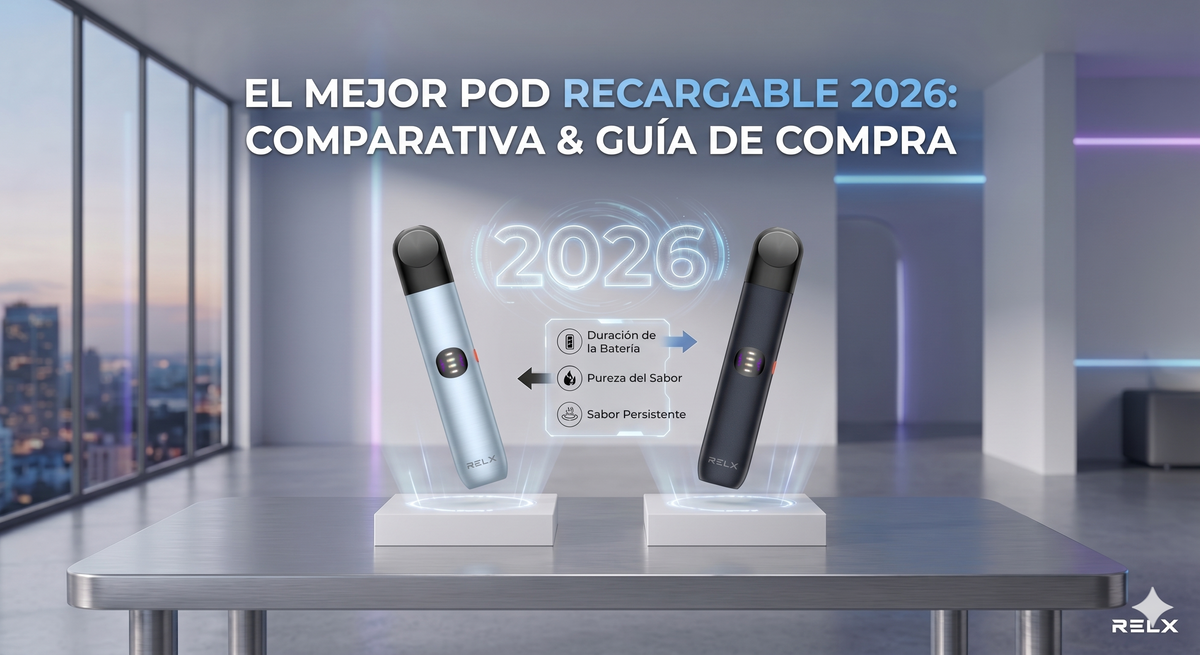 Imagen destacada de la guía de compra sobre el mejor pod recargable de 2026. Muestra dos dispositivos RELX flotando sobre bases iluminadas, destacando la duración de la batería, la pureza y la persistencia del sabor.