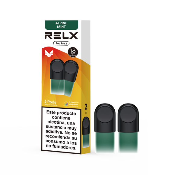 Paquete RELX Pod Pro 2 sabor Menta Alpina con 2 pods sobre fondo transparente

