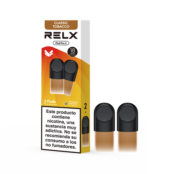 Paquete RELX Pod Pro 2 sabor Tabaco Clasico con 2 pods sobre fondo transparente
