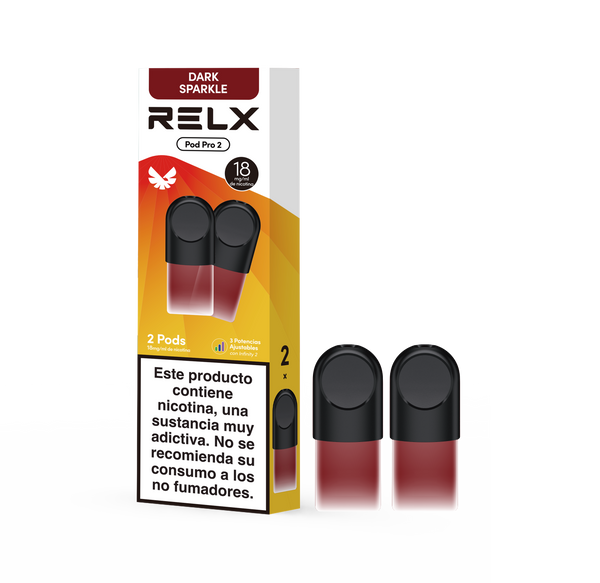 Paquete RELX Pod Pro 2 sabor Dark Sparkle con 2 pods sobre fondo transparente
