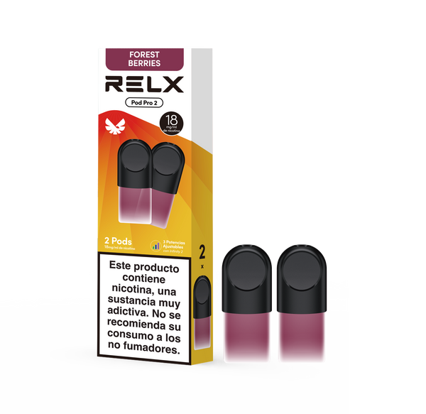 Paquete RELX Pod Pro 2 sabor Frutos del Bosque con 2 pods sobre fondo transparente
