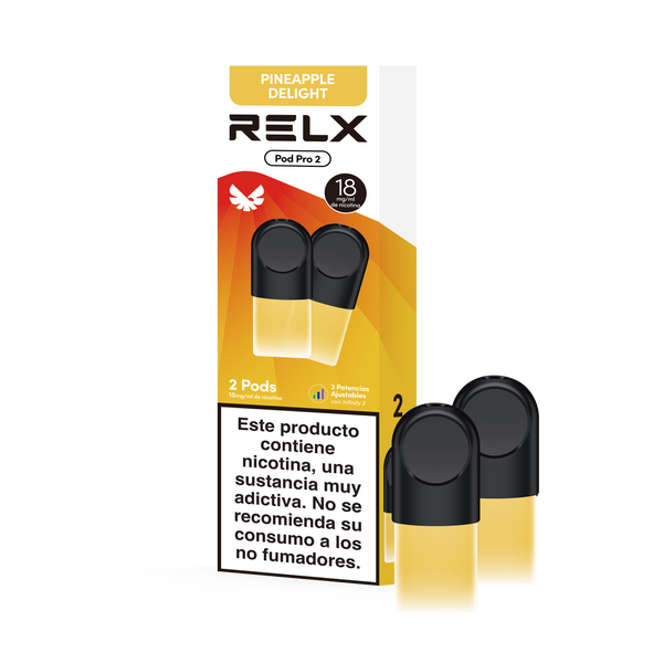 Paquete RELX Pod Pro 2 sabor Pina Tropical con 2 pods sobre fondo transparente
