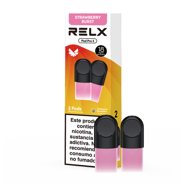 Paquete RELX Pod Pro 2 sabor Explosion de Fresa con 2 pods sobre fondo transparente
