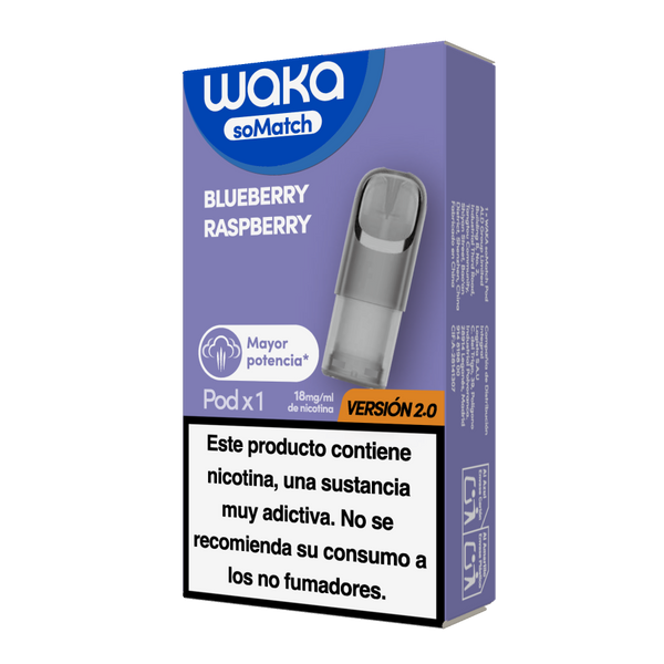 Paquete WAKA soMatch Mini Pod sabor Blueberry Raspberry con pods sobre fondo transparente
