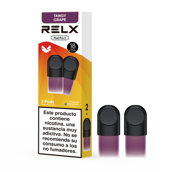 Paquete RELX Pod Pro 2 sabor Uva Intensa con 2 pods sobre fondo transparente
