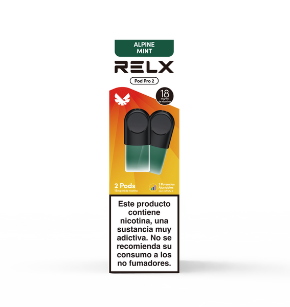 Paquete frontal de 2 pods de recambio RELX Pod Pro 2 sabor Alpine Mint (Menta Alpina) con 18mg/ml de nicotina. Destaca la función de 3 potencias ajustables.
