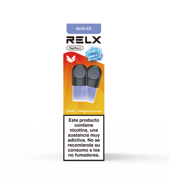 Paquete frontal de 2 pods de recambio RELX Pod Pro 2 sabor Blue Ice con 18mg/ml de nicotina. Edición especial Blast Series para un frescor extra.
