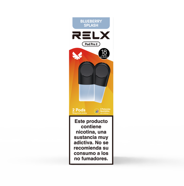 Paquete frontal de 2 pods de recambio RELX Pod Pro 2 sabor Blueberry Splash (Arándano) con 18mg/ml de nicotina. Cuenta con la función de 3 potencias ajustables.
