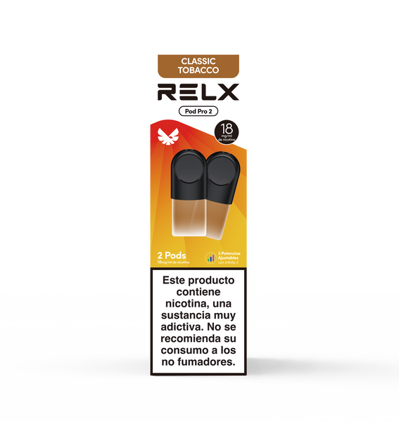 Paquete frontal de 2 pods de recambio RELX Pod Pro 2 sabor Classic Tobacco (Tabaco Clásico) con 18mg/ml de nicotina. Cuenta con la función de 3 potencias ajustables.

