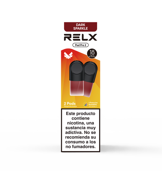Paquete frontal de 2 pods de recambio RELX Pod Pro 2 sabor Dark Sparkle (Cola) con 18mg/ml de nicotina. Cuenta con la función de 3 potencias ajustables.
