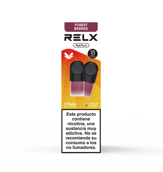 Paquete frontal de 2 pods de recambio RELX Pod Pro 2 sabor Forest Berries (Frutas del Bosque) con 18mg/ml de nicotina. Cuenta con la función de 3 potencias ajustables.

