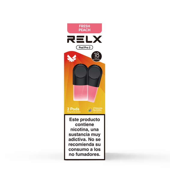 Paquete frontal de 2 pods de recambio RELX Pod Pro 2 sabor Fresh Peach (Melocotón) con 18mg/ml de nicotina. Cuenta con la función de 3 potencias ajustables.
