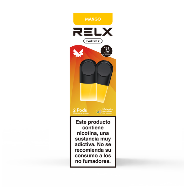 Paquete frontal de 2 pods de recambio RELX Pod Pro 2 sabor Mango con 18mg/ml de nicotina. Cuenta con la función de 3 potencias ajustables.
