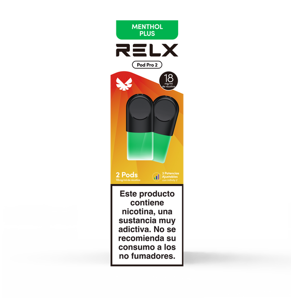 Paquete frontal de 2 pods de recambio RELX Pod Pro 2 sabor Menthol Plus (Mentol) con 18mg/ml de nicotina. Cuenta con la función de 3 potencias ajustables.
