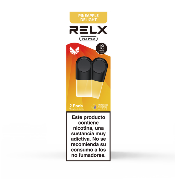 Paquete frontal de 2 pods de recambio RELX Pod Pro 2 sabor Pineapple Delight (Piña) con 18mg/ml de nicotina. Cuenta con la función de 3 potencias ajustables.
