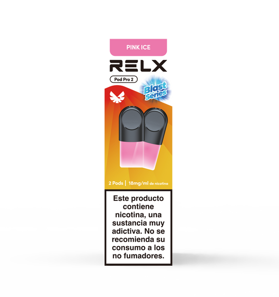 Paquete frontal de 2 pods de recambio RELX Pod Pro 2 sabor Pink Ice con 18mg/ml de nicotina. Edición especial Blast Series para un frescor helado intenso.
