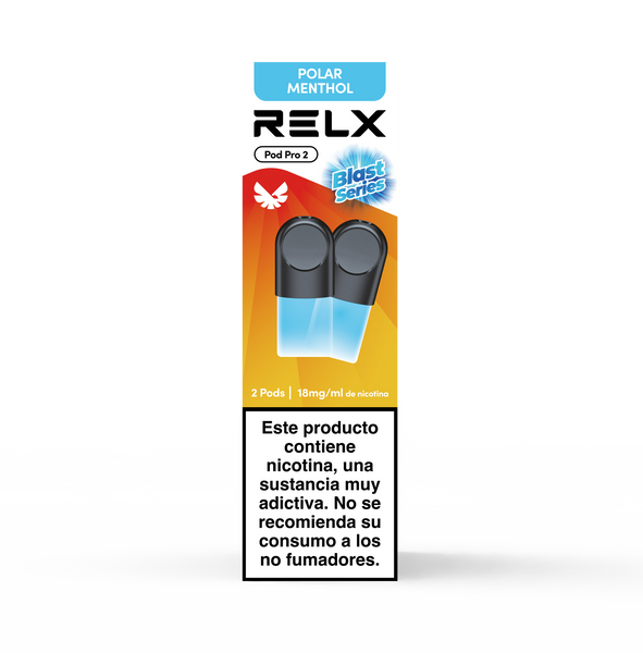 Paquete frontal de 2 pods de recambio RELX Pod Pro 2 sabor Polar Menthol (Mentol) con 18mg/ml de nicotina. Edición especial Blast Series para un frescor intenso.

