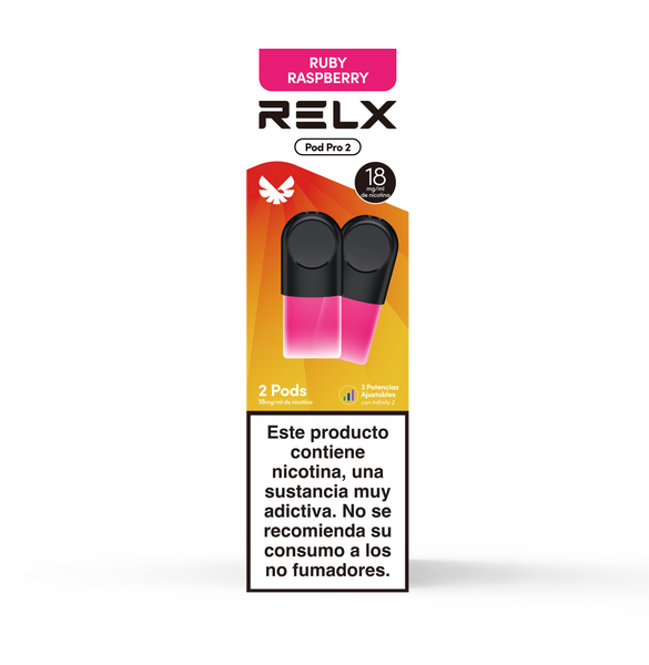 Paquete frontal de 2 pods de recambio RELX Pod Pro 2 sabor Ruby Raspberry (Frambuesa) con 18mg/ml de nicotina. Destaca la función de 3 potencias ajustables con Infinity 2.
