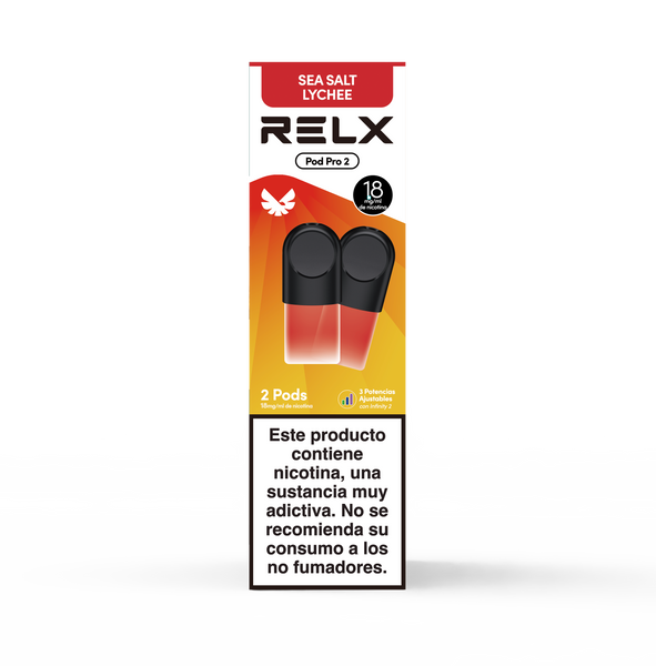 Paquete frontal de 2 pods de recambio RELX Pod Pro 2 sabor Sea Salt Lychee (Lichi con Sal Marina) con 18mg/ml de nicotina. Cuenta con la función de 3 potencias ajustables.
