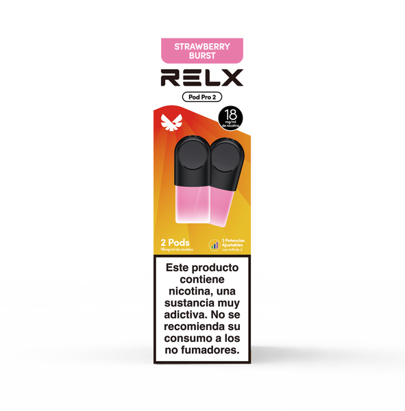 Paquete frontal de 2 pods de recambio RELX Pod Pro 2 sabor Strawberry Burst (Fresa) con 18mg/ml de nicotina. Cuenta con la función de 3 potencias ajustables.
