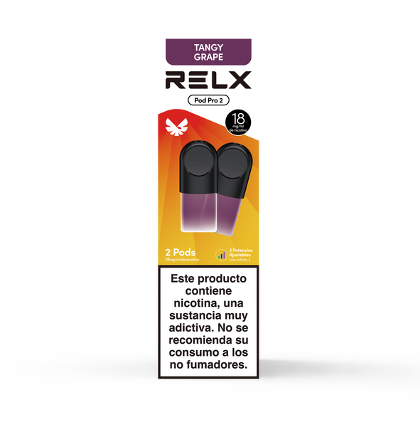 Paquete frontal de 2 pods de recambio RELX Pod Pro 2 sabor Tangy Grape (Uva) con 18mg/ml de nicotina. Cuenta con la función de 3 potencias ajustables.
