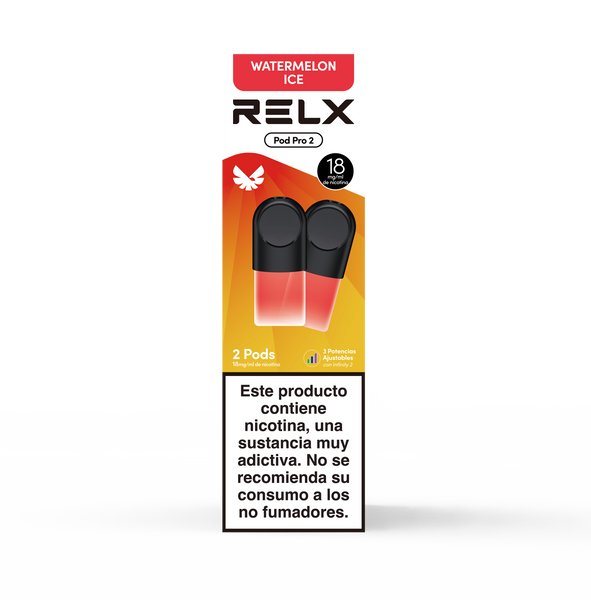Paquete frontal de 2 pods de recambio RELX Pod Pro 2 sabor Watermelon Ice (Sandía Helada) con 18mg/ml de nicotina. Cuenta con la función de 3 potencias ajustables.
