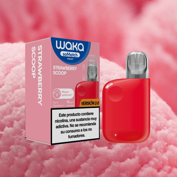 Marketing del vapeador WAKA soMatch Mini Kit Versión 2.0 sabor Strawberry Scoop con fondo de helado de fresa
