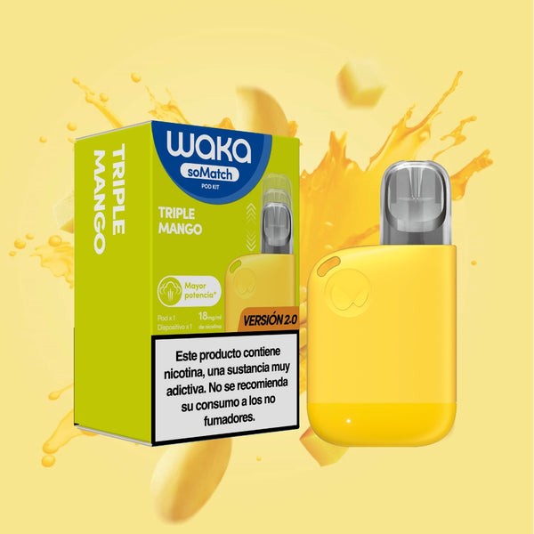 Marketing del vapeador WAKA soMatch Mini Kit Versión 2.0 sabor Triple Mango con salpicadura de jugo de mango
