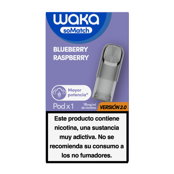 Cartucho individual para vapear WAKA soMatch sabor arándano y frambuesa. Contiene 1 pod de 18mg/ml de nicotina, mayor potencia versión 2.0.
