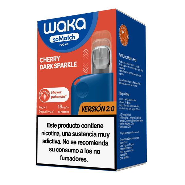 Caja oficial del vapeador WAKA soMatch Mini Kit Versión 2.0 sabor Cherry Dark Sparkle
