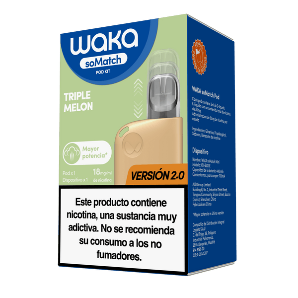 Caja oficial del vapeador WAKA soMatch Mini Kit Versión 2.0 sabor Triple Melon
