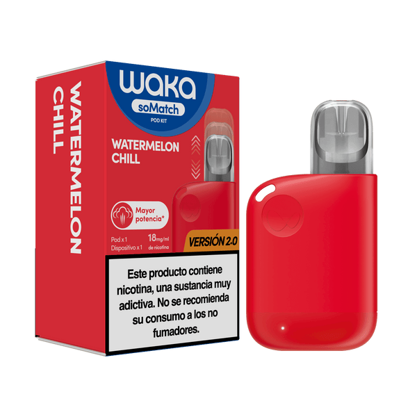 Dispositivo y embalaje oficial del vapeador WAKA soMatch Mini Kit sabor Watermelon Chill

