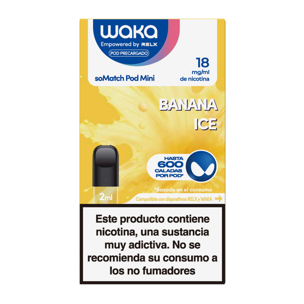 Paquete de pod precargado WAKA soMatch Mini sabor Banana Ice con 18mg/ml de nicotina. Ofrece hasta 600 caladas, compatible con dispositivos RELX y WAKA.
