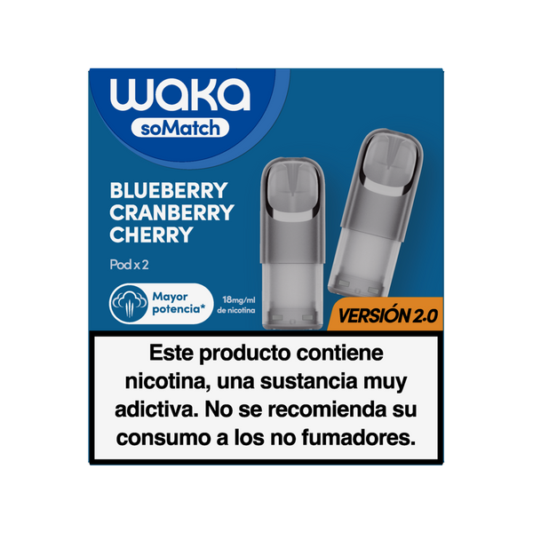 Cartuchos para vapear WAKA soMatch sabor frutas del bosque (Blueberry Cranberry Cherry). Incluye 2 pods de 18mg/ml de nicotina, mayor potencia versión 2.0.
