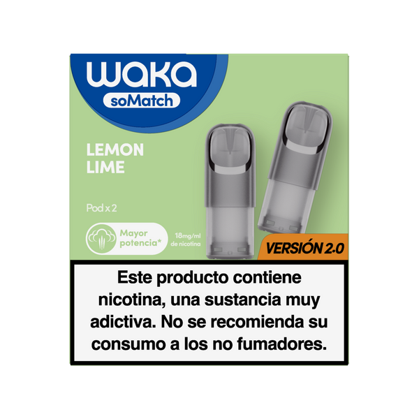 Cartuchos para vapear WAKA soMatch de RELX, sabor Lemon Lime (Lima Limón). Incluye 2 pods de 18mg/ml de nicotina, versión 2.0.
