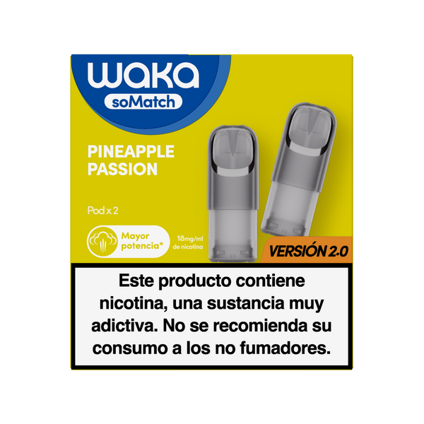 Cartuchos para vapear WAKA soMatch sabor piña y maracuyá tropical (Pineapple Passion). Incluye 2 pods de 18mg/ml de nicotina, mayor potencia versión 2.0.
