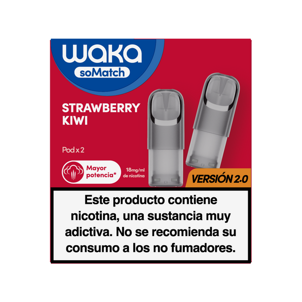 Cartuchos para vapear WAKA soMatch sabor fresa y kiwi (Strawberry Kiwi). Incluye 2 pods de 18mg/ml de nicotina, mayor potencia versión 2.0.
