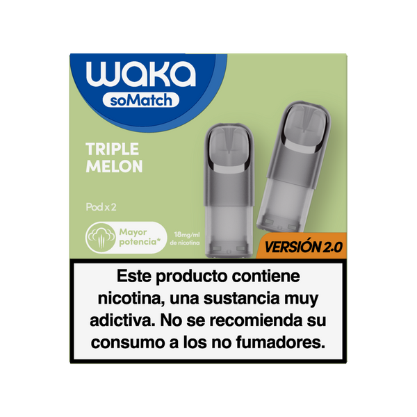Cartuchos para vapear WAKA soMatch intenso sabor a melón (Triple Melon). Incluye 2 pods de 18mg/ml de nicotina, mayor potencia versión 2.0.

