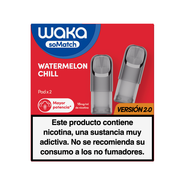Cartuchos para vapear WAKA soMatch sabor sandía fresca (Watermelon Chill). Incluye 2 pods con 18mg/ml de nicotina, mayor potencia versión 2.0.
