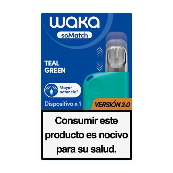 Vista frontal de la caja oficial del dispositivo WAKA soMatch Versión 2.0 color Teal Green
